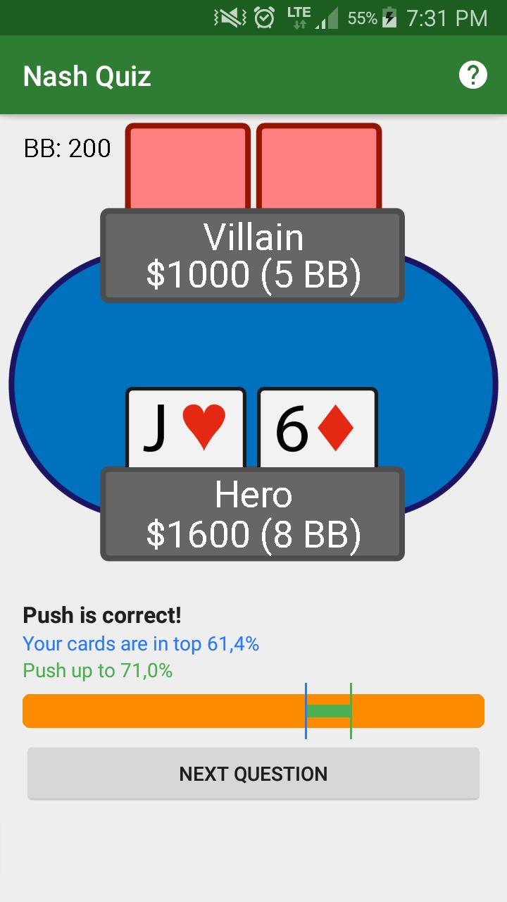Poker Nash Push/Fold Quiz Pro for No Limit Hold'em