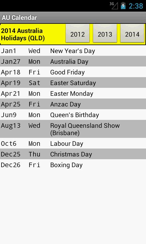 AU Holiday Calendar 2015